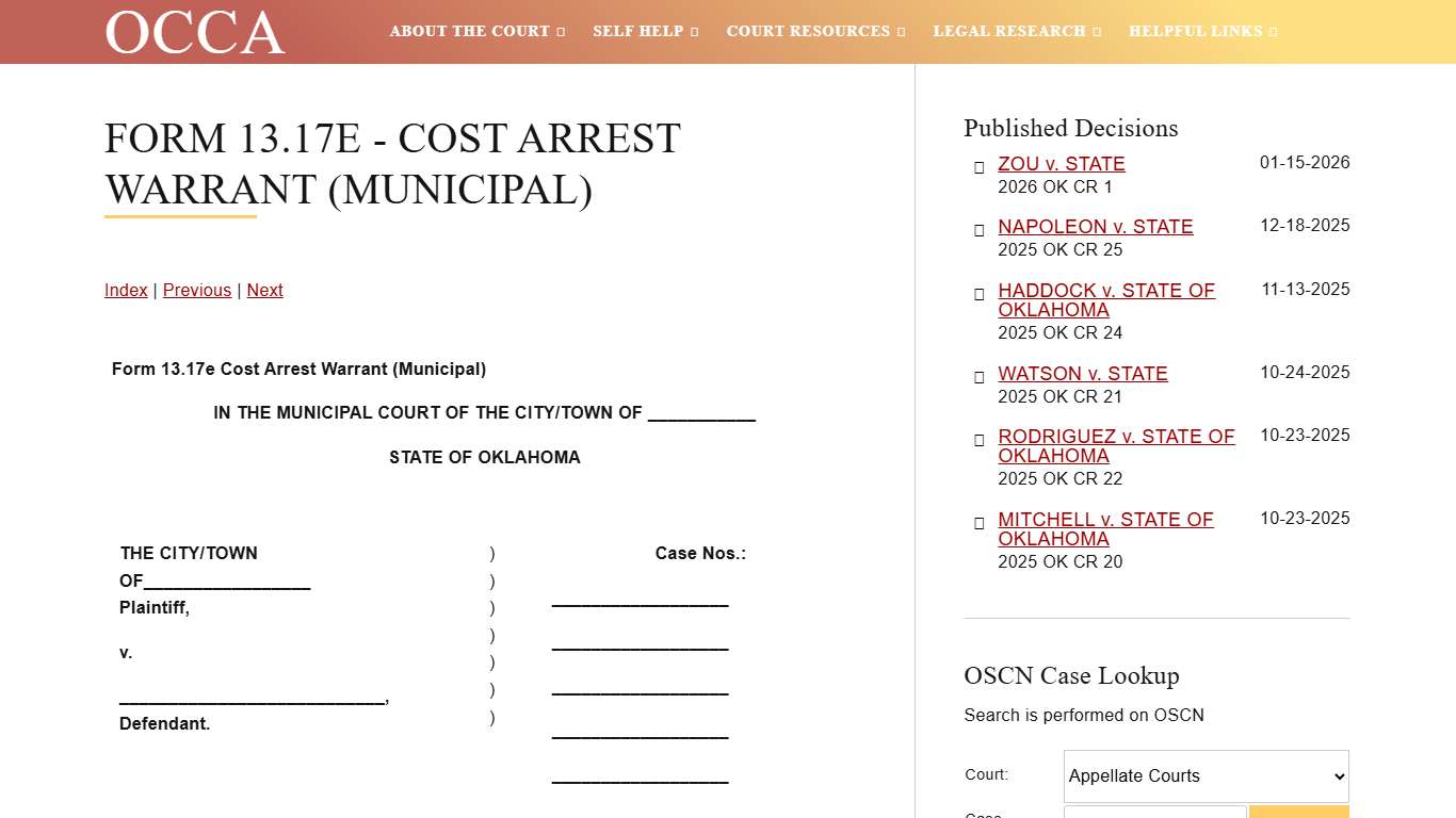 Cost Arrest Warrant (Municipal)